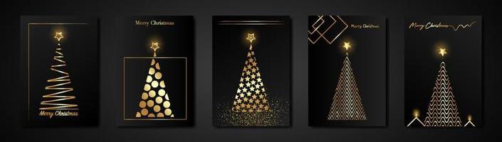 establecer tarjetas árbol de navidad textura dorada, fondo moderno negro de lujo dorado, vector dorado estilizado feliz navidad, icono de banner con temática festiva invitaciones de vacaciones de invierno con decoraciones geométricas