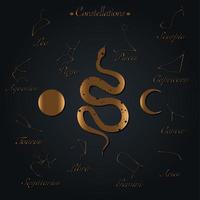 Modern abstract art print with snake and stars, Moon, constellations name. Boho style. Cosmic minimalistic scene. Isolated elements on black. Gold color clipart image. Magic mystic esoteric concept vector