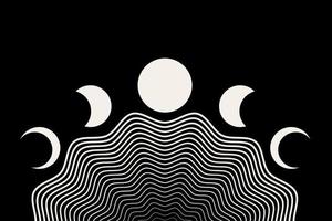 fases de la luna, ondas geométricas, fondo abstracto de concha contemporánea. color de tatuaje blanco. Decoración de pared boho impresión de arte minimalista moderno. forma natural orgánica. vector de concepto mágico aislado en negro