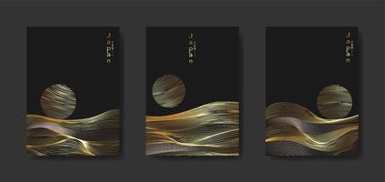 Japanese landscape background set cards gold line wave pattern vector illustration. Golden luxury Abstract template with geometric pattern. Mountain layout design in oriental style, vertical brochure