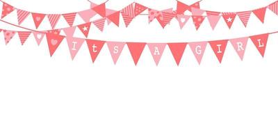 Its a girl baby shower concept with pink pennants hanging above. Vector illustration party invitation with carnival flag garlands.