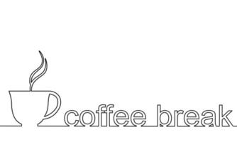 One line drawing style of a cup of coffee and wording coffee break isolated on white background. There is a copy space for your text. vector