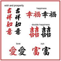 A set of Chinese word in brush strokes isolated on white background with English translation each word. vector