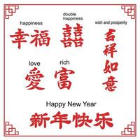 A set of Chinese words in brush stroke isolated on white background with English translation each word.