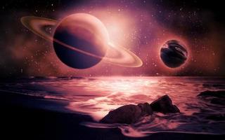 Beautiful fantasy nature background with sea and planets
