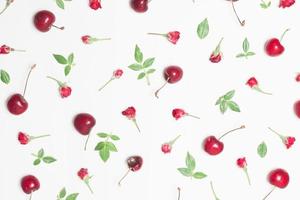 composition red flowers cherries green leaves. High quality beautiful photo concept
