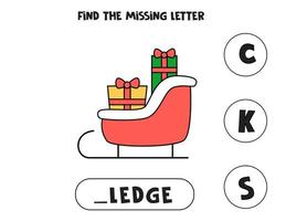 Find missing letter with cartoon sledge. Spelling worksheet. vector