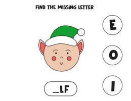 Find missing letter with cartoon elf. Spelling worksheet. vector