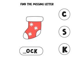 Find missing letter with cartoon sock. Spelling worksheet. vector