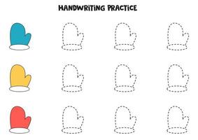 Tracing lines with colorful mittens. Writing practice. vector