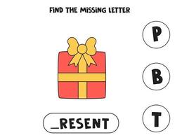 Find missing letter with cartoon present. Spelling worksheet. vector