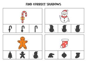 Find correct shadow of Christmas pictures. Printable clip card games for children. vector
