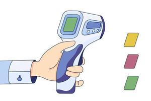 El médico sostiene el termómetro infrarrojo en la mano, comprueba la temperatura corporal en un estilo plano aislado en un fondo blanco. vector