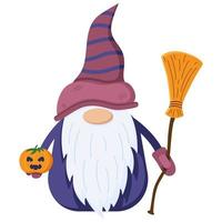 Little gnome for halloween in a flat style, dwarf character whit broom and pumpkin in hands, isolated on a white background. vector