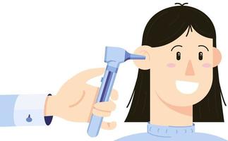 An otolaryngologists checking ear canals from young woman by Otoscope. Illustration in a flat style isolated on a white background. vector