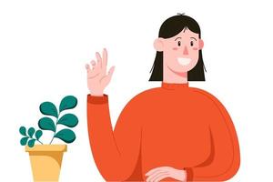 Female character waving her hand to say hello to her friends. Young woman with a plant in a flat style.