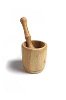 wooden mortar with pestle isolated on a white background photo