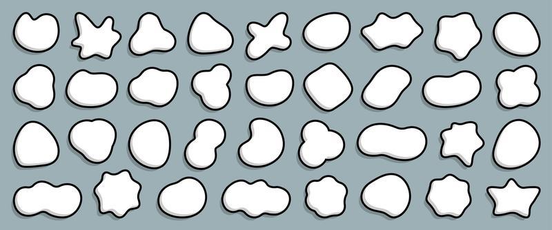 White clouds collection, comic art bubbles, milk stains, liquid drops set, wavy spots for dairy product background, speech bubble vector illustration