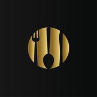 Golden circle with cutlery inside. Isolated logo on black background. Fork spoon and knife in negative circle space. Flat silhouette style vector icon. Premium emblem for restaurant business