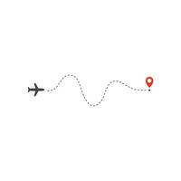 Plane way icon, airplane waving path direction and destination red point, logo design template, holiday trip vector illustration template on white background.