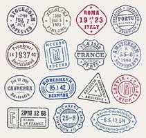 Retro stamps with scabies, cities stamp set on an envelope for vintage passport cover, traveller tshirt print or grunge style luggage. Vector illustration.