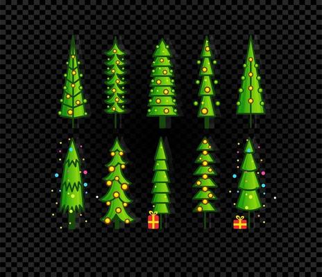 Set of Christmas tree, New Year decoration, seasonal holidays symbol collection. Flat icons of decorated tree on black background, isolated vector illustration.