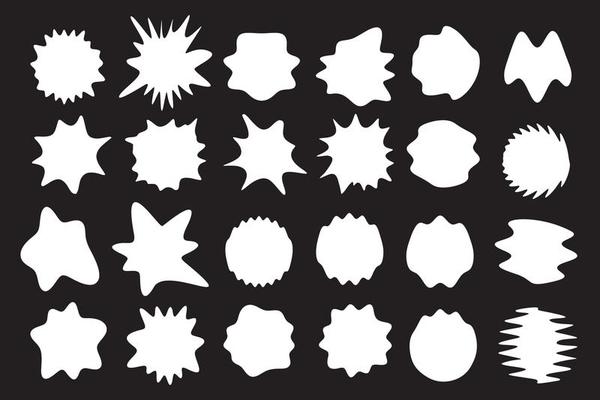 White paint spots, milk blots, blank promo background, sticker shape, comic art graphic explosion, liquid button icon, paintball splash set graphic for game, vector empty labels set