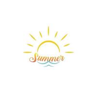 Summer vacation logo. Sun with sea wave, lettering of summer, cartoon silhouette style. Vector illustration.