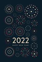 coloridos fuegos artificiales 2022 ilustración de vector de año nuevo chino, fuegos artificiales brillantes sobre fondo azul oscuro, concepto de marco de texto para decoración navideña, tarjeta, cartel, pancarta, volante.