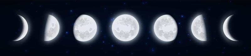 Lunar phases icon set, Moon phases in the night starry sky, Shape of the directly sunlit portion of the Moon as viewed from Earth. Earth satellite icons, vector illustraton.