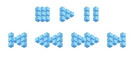 Multimedia interface buttons from 3D cubes, volumetric buttons from blue squares. Forward, backward, rewind, next, previous, right, left button for digital media. Vector illustration