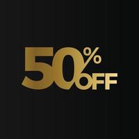 Golden 50 percent off flat cartoon style vector logo concept. 50 percent sale isolated icon on black background. Fifty percent discount for business. Vector illustration
