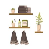 Bathroom interior with hanging towels and on shelves, items for washing, hygiene and cosmetic procedures. vector