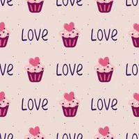 Valentine day seamless pattern with cake, hearts and word love. Vector flat print illustration with festive decoration for wrapping paper, wedding and holiday