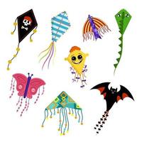 Set of bright and cheerful kites in form of pirate flag, dragon, butterfly, bat, fish and happy face. Summer flying kite festival. Children toy for open air and in wind vector