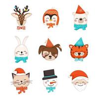 lindos animales navideños con gorro rojo de santa, con bufanda o lazo. elementos decorativos festivos para fiesta infantil y diseño para año nuevo vector