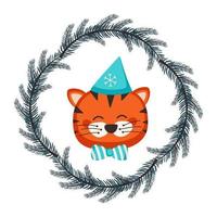 Cute Chinese tiger in childish style with festive Christmas wreath of fir branches in cap and bow. Funny animal predator with happy face. Vector flat illustration for holiday and new year