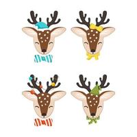 Set of cute deer in children style with holiday decorations for New Year and Christmas. Festive funny animals with caps and bows. Vector flat illustration