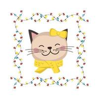 Cute cat with bow and scarf in childish style with frame made of festive garlands with lights. Funny pet with happy face. Vector flat illustration for holiday