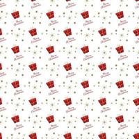 Seamless pattern with red festive Christmas gift box, text and stars on white background. Bright print for New Year and winter holidays for wrapping paper, textile and design vector