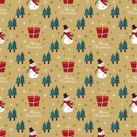 Seamless pattern with festive Christmas gift box, snowman, trees in snow and stars on gold background. Bright print for New Year and winter holidays for wrapping paper, textile and design vector