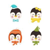 conjunto de lindos pingüinos en estilo infantil con adornos navideños para año nuevo y navidad. animales divertidos festivos con gorras y lazos. vector ilustración plana