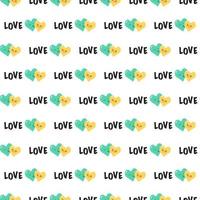 Seamless pattern with hearts with face and the word love. Festive decoration, print for valentine day, wedding, gift wrapping paper, textiles and holiday design. vector