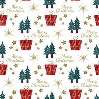 Seamless pattern with festive Christmas gift, trees in snow, stars and snowflakes on white background. Bright print for New Year and winter holidays for wrapping paper, textile and design vector