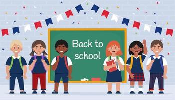 Different Children in uniforms near chalkboard, back to school concept. Vector illustration in flat style