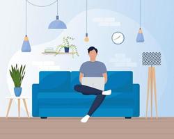 hombre con laptop en el sofá. concepto de trabajo autónomo o a domicilio. ilustración vectorial en estilo plano