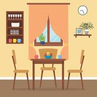 Dining table in kitchen with chairs, cups and fruits. Window with curtain. cute vector illustration in flat style