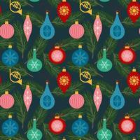 Christmas and Happy New Year seamless pattern with Christmas toys and fir tree branch. Trendy retro style. Flat Vector illustration