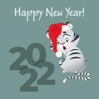 Tarjeta de felicitación de año nuevo con lindo tigre niño blanco y números 2022. zodiaco chino. ilustración vectorial de dibujos animados vector