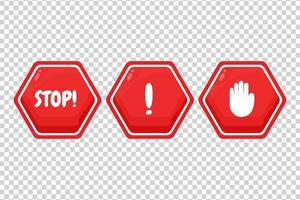 Señal de stop roja con flecha, palabra y mano sobre fondo blanco. vector